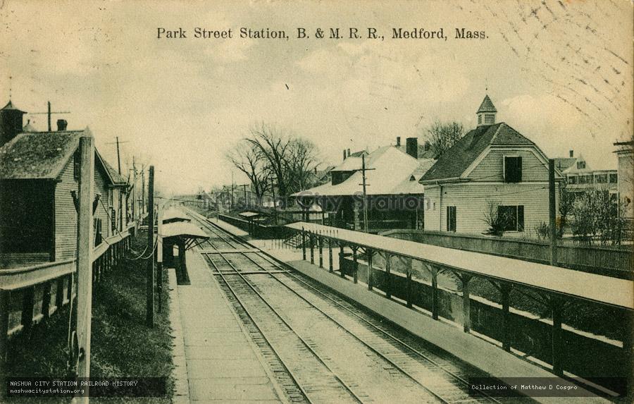 Postcard: Park Street Station, Boston & Maine Railroad, Medford, Massachusetts